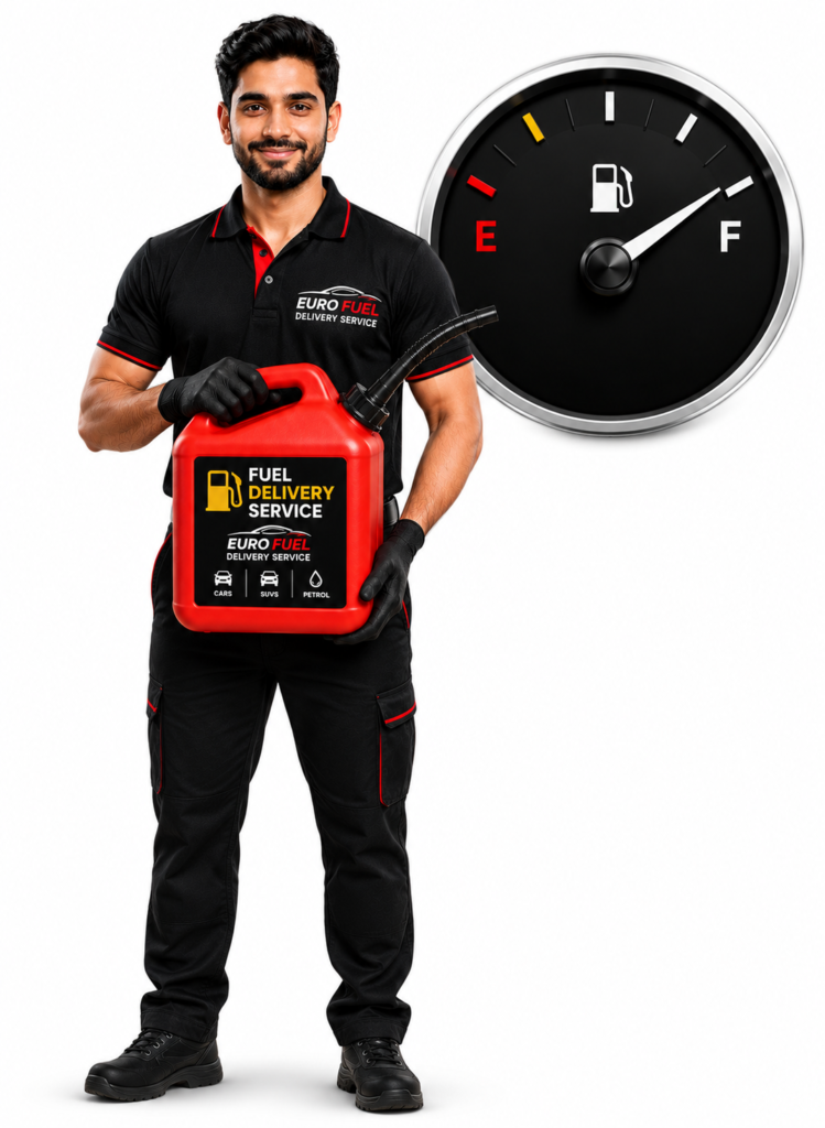 Emergency fuel delivery service in Dubai with a technician refueling a luxury SUV using genuine petrol.