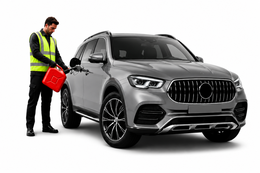 Professional technician providing emergency fuel delivery service to a stranded car in Dubai with genuine petrol available 24/7.