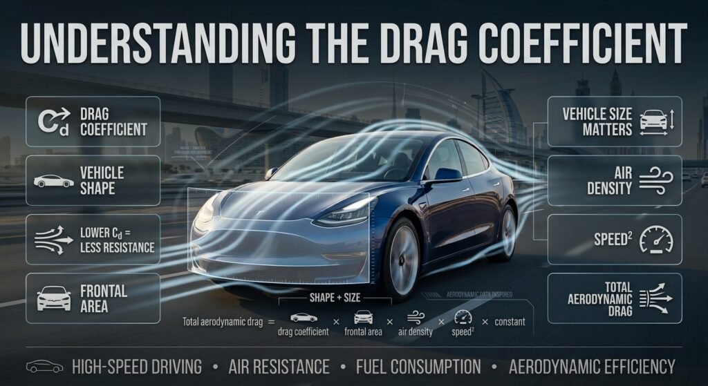 Vehicle aerodynamics infographic explaining drag coefficient, frontal area, air resistance, vehicle size, and aerodynamic drag.