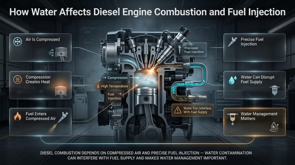 Diesel combustion infographic showing compressed air, fuel injection, water contamination, and effects on precision diesel fuel systems.