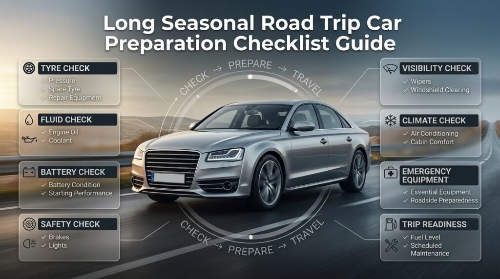 Long seasonal road trip car checklist showing tyres, spare tyre, oil, coolant, battery, brakes, lights, AC, fuel and emergency gear.