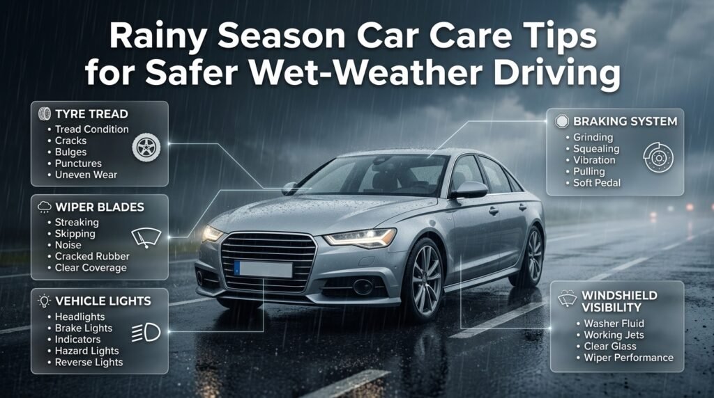 Rainy season car care tips showing tyre tread, wipers, lights, brakes and windshield visibility checks around a modern car.