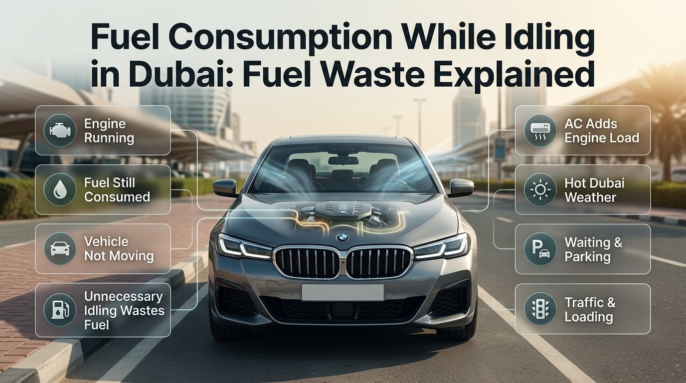 Car idling in Dubai with AC running, showing fuel consumption, engine load, and wasted fuel during stationary waiting. Fuel Consumption While Idling in Dubai: Fuel Waste Explained