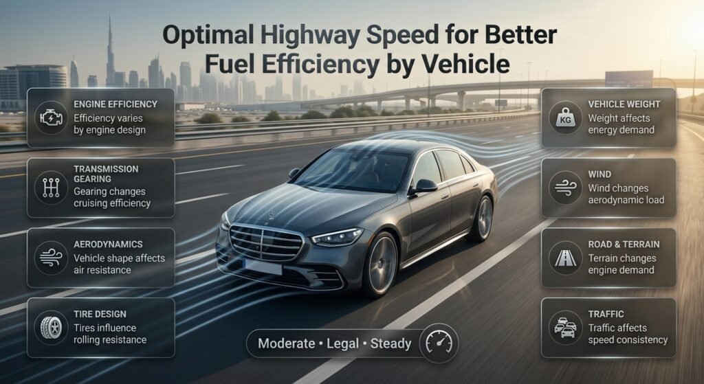 Different vehicles showing how engine, aerodynamics, tires, weight, and road conditions influence optimal highway fuel efficiency