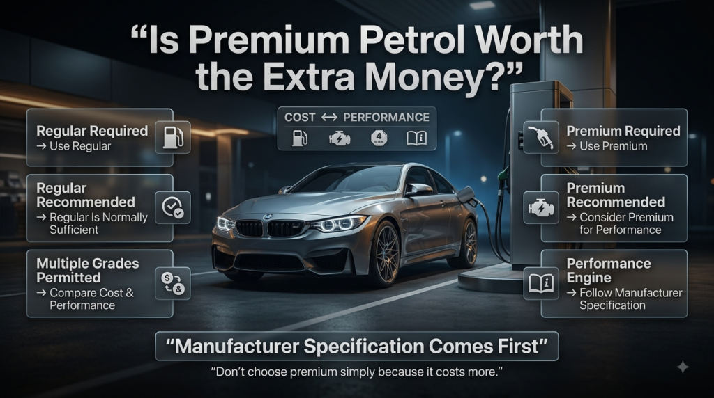 Premium petrol cost comparison showing when higher octane is worth paying for based on vehicle requirements and engine performance.