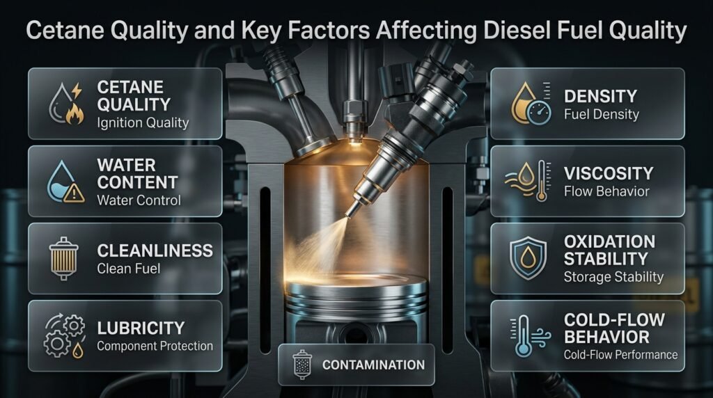 Diesel fuel quality infographic showing cetane quality, water, cleanliness, lubricity, viscosity, density, and oxidation stability.