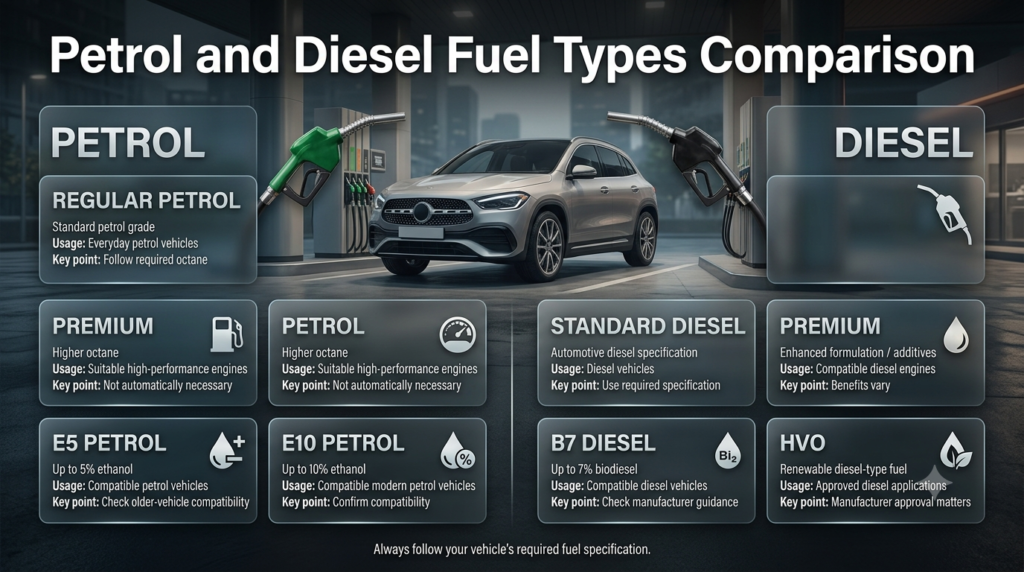Petrol and diesel fuel types comparison showing regular, premium, E5, E10, B7, HVO and fuel specifications