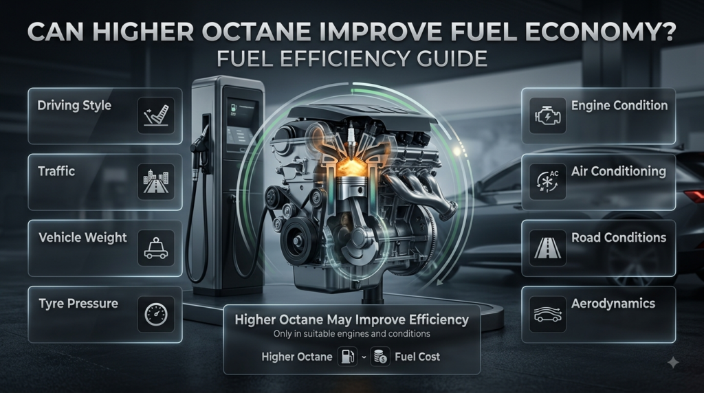 Higher octane fuel economy infographic showing engine efficiency, driving factors, tyre pressure and fuel consumption