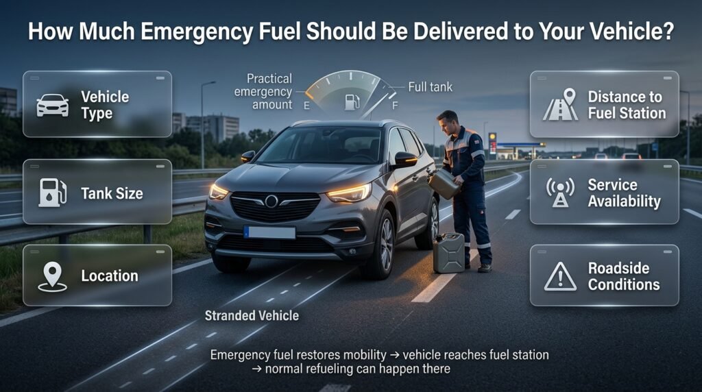 Emergency fuel delivery showing the right fuel amount based on vehicle type, tank size, location, distance, and roadside conditions.