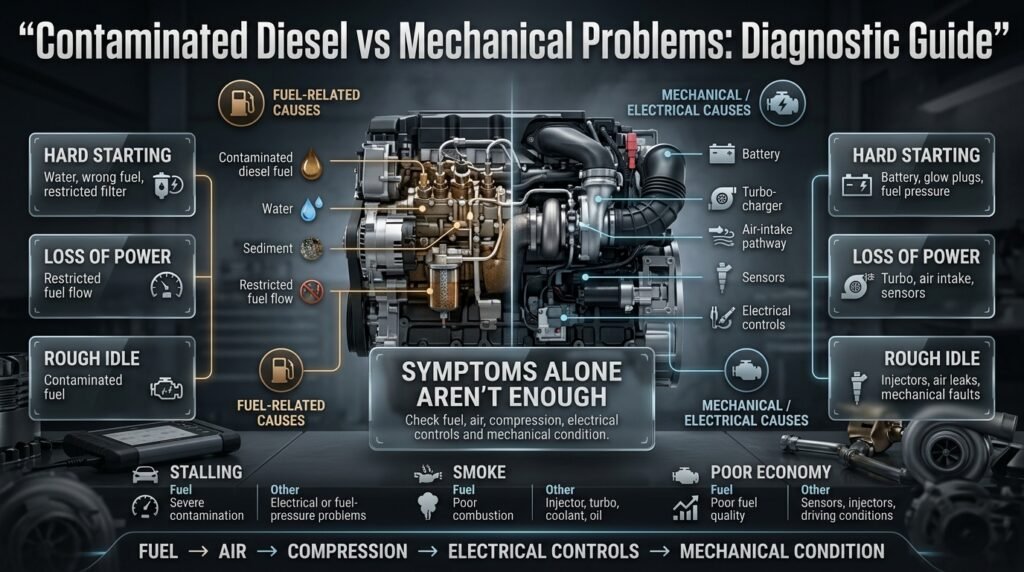 Contaminated diesel vs mechanical problems compared by hard starting, power loss, rough idle, stalling, smoke, and fuel economy.