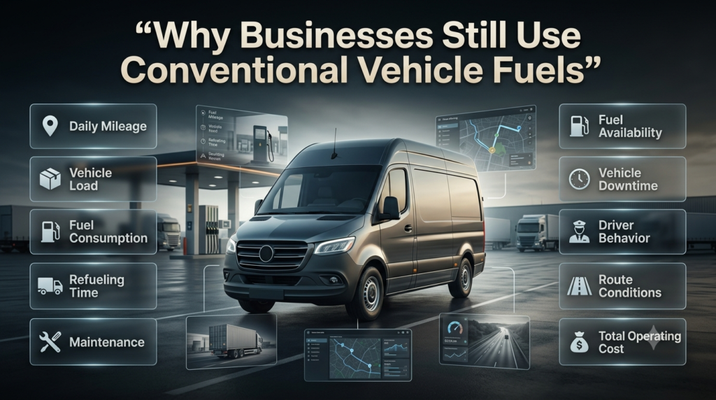 Create a world-class cinematic commercial fleet infographic based strictly on the provided article content.

EXACT TITLE AT TOP

“Why Businesses Still Use Conventional Vehicle Fuels”

Place this exact title at the top of the design in huge, premium, bold typography. Do not change, shorten, paraphrase, or replace the title.

Typography should look like a high-end automotive business magazine, with exceptional readability and strong visual hierarchy.

CENTRAL HERO OBJECT

Place one dominant modern commercial delivery van in the center of the composition.

The vehicle should look highly realistic, premium, professionally maintained, and actively used for commercial transportation.

Surround the central van with subtle visual elements representing a working fleet operation:

Fuel station/refueling environment
Route planning
Cargo/load
Fleet monitoring
Professional maintenance

Do not overcrowd the scene. The delivery van must remain the single dominant hero object.

LEFT-SIDE GLASS PANELS

Create five premium futuristic transparent glass panels on the left side.

Each panel should contain one concise point and a professional icon:

📍 Daily Mileage
📦 Vehicle Load
⛽ Fuel Consumption
🚚 Refueling Time
🔧 Maintenance

Use clean, minimal automotive/business icons. Keep text short and highly readable.

RIGHT-SIDE GLASS PANELS

Create five matching futuristic glass panels:

⛽ Fuel Availability
⏱ Vehicle Downtime
👨‍✈️ Driver Behavior
🛣 Route Conditions
💰 Total Operating Cost

The panels should look like premium fleet-management interfaces rather than ordinary text boxes.

CENTRAL VISUAL MESSAGE

The image must visually communicate:

Businesses choose fuel based on the complete operating cycle—not simply the cheapest fuel price.

Show subtle connections between the vehicle, fuel station, route, maintenance, and operating-cost concepts.

Do not invent statistics, percentages, savings figures, company names, or technical claims.

COMMERCIAL FLEET ENVIRONMENT

Create a cinematic background showing a sophisticated modern fleet environment.

Include subtle elements such as:

Several commercial vehicles in the distant background
Modern fuel-refueling infrastructure
Professional logistics environment
Industrial road or depot
Subtle route-planning visual elements
Clean commercial architecture
Controlled atmospheric depth

Keep distant fleet vehicles slightly blurred so they don't compete with the central hero van.

VISUAL STORY

The composition should visually show the difference between:

Fuel Price Alone

and

Complete Operating Cost

Represent this concept subtly through a premium digital fleet-management interface, without creating long text blocks.

The viewer should immediately understand that commercial fuel decisions involve multiple operational factors.

LIGHTING

Use premium cinematic automotive lighting:

Dramatic rim lighting
Soft volumetric light
Realistic vehicle reflections
Metallic highlights
Controlled glass reflections
HDR appearance
Professional commercial photography lighting
Subtle atmospheric haze
Strong depth and dimensionality
COLOR DIRECTION

Automatically select a sophisticated commercial-automotive palette.

Use dark metallic tones with restrained professional accent lighting. Keep the colors premium and business-oriented rather than overly bright or futuristic.

Avoid excessive neon, cartoon colors, childish graphics, or visual clutter.

COMPOSITION

Use a 16:9 landscape layout optimized for:

Blog featured image
Automotive SEO article
Fleet-management guide
YouTube thumbnail

Composition hierarchy:

Title → Central Delivery Van → Fleet Factors → Operating-Cost Concept

Maintain generous negative space and balanced visual weight between both sides.

DESIGN STYLE

Award-winning commercial fleet infographic, premium Adobe Photoshop quality, cinematic automotive advertising, realistic 3D vehicle rendering, luxury logistics photography, futuristic glassmorphism panels, professional fleet-management interface, photorealistic materials, realistic road and fuel-station environment, premium magazine editorial design, sophisticated data visualization elements, HDR, depth of field, cinematic professional color grading.

TEXT RULES

Use only these text elements:

Why Businesses Still Use Conventional Vehicle Fuels

Daily Mileage
Vehicle Load
Fuel Consumption
Refueling Time
Maintenance
Fuel Availability
Vehicle Downtime
Driver Behavior
Route Conditions
Total Operating Cost

No long paragraphs inside the image.

Do not add unsupported statistics, percentages, prices, brand names, or claims.

No watermark.

FINAL QUALITY

Ultra-premium, photorealistic, cinematic, professional, trustworthy, clean, balanced, sophisticated commercial fleet aesthetic, realistic vehicle details, polished glass panels, crisp icons, readable typography, realistic reflections, HDR, strong depth, award-winning infographic composition, high-end automotive business publication quality, 8K-quality appearance, visually powerful at thumbnail size, no clutter, no distorted vehicles, no duplicated elements, no illegible text, no spelling mistakes, no watermark.