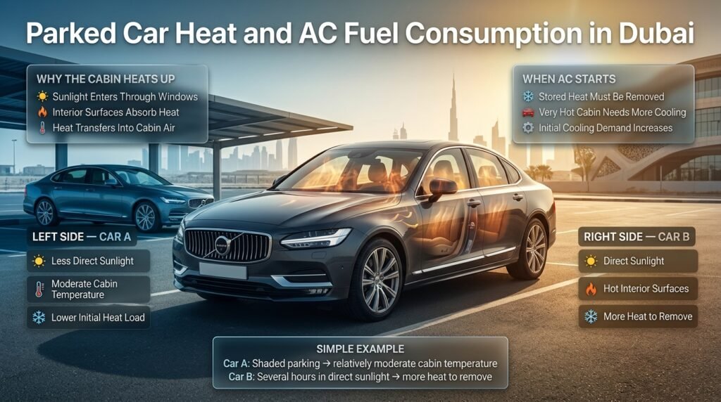 Parked car absorbing intense Dubai sunlight, showing hot cabin surfaces and increased AC cooling demand after parking.