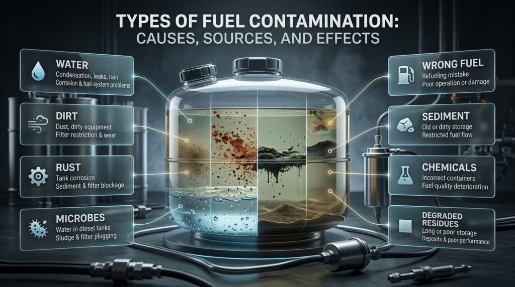 Create a world-class cinematic automotive fuel contamination infographic based strictly on the provided table and surrounding content.
EXACT TITLE — DO NOT CHANGE:
“Types of Fuel Contamination: Causes, Sources, and Effects”
Place this exact title at the top center in huge, premium, bold automotive typography. The title must be perfectly spelled, highly readable, visually dominant, and fully visible.
CENTRAL HERO OBJECT
Place one stunning hero object in the center:
A large transparent modern automotive fuel tank filled with realistic fuel.
The transparent tank must visually reveal multiple contamination types inside separate areas of the fuel:
Clear water layer settled at the bottom
Fine dirt particles
Rust and metallic corrosion particles
Dark microbial sludge
Visible sediment
Subtle degraded fuel residue
A small visual indication of an incorrect fuel mixture
A subtle representation of chemical contamination
Keep the contamination visually realistic and technically understandable.
Do not make the fuel tank look excessively dirty. The goal is to show different contamination categories clearly, not create visual chaos.
EIGHT INFORMATION PANELS
Arrange eight futuristic transparent glass panels around the central fuel tank, four on the left and four on the right.
Each panel should contain:
A premium technical icon
Contaminant name
Short source
Short possible effect
Keep every panel extremely concise.
LEFT SIDE
💧 WATER
Condensation, leaks, rain
Corrosion & fuel-system problems
🌫️ DIRT
Dust, dirty equipment
Filter restriction & wear
⚙️ RUST
Tank corrosion
Sediment & filter blockage
🦠 MICROBES
Water in diesel tanks
Sludge & filter plugging
RIGHT SIDE
⛽ WRONG FUEL
Refueling mistake
Poor operation or damage
🪨 SEDIMENT
Old or dirty storage
Restricted fuel flow
🧪 CHEMICALS
Incorrect containers
Fuel-quality deterioration
◼️ DEGRADED RESIDUES
Long or poor storage
Deposits & poor performance
VISUAL INFORMATION FLOW
Use subtle luminous lines from each glass panel toward the relevant area inside the central fuel tank.
The lines should create a sophisticated cause → contaminant → effect visual relationship.
Avoid crossing lines or creating a confusing diagram.
CENTRAL TANK DETAIL
Make each contamination type visually distinguishable:
Water: transparent droplets and a clearly separated lower layer.
Dirt: small dark particulate particles suspended in the fuel.
Rust: reddish-brown metallic particles associated with a corroded tank surface.
Microbes: subtle dark biological sludge concentrated around the fuel-water interface.
Wrong fuel: visually different liquid layer showing unintended mixing.
Sediment: heavier particles settled toward the bottom.
Chemicals: subtle unnatural liquid contamination without inventing a specific chemical.
Degraded residues: darker deposits associated with long-term or poor storage.
Do not add any contamination type that isn't included in the supplied content.
BACKGROUND
Create a sophisticated premium automotive fuel-service environment:
Modern fuel storage infrastructure
Metallic fuel-system components
Fuel lines
High-quality fuel filter
Subtle injector components
Industrial automotive workshop atmosphere
Dark graphite surfaces
Soft atmospheric haze
Technical engineering details
Keep the background slightly defocused so the central tank and panels remain the visual focus.
COLOR DIRECTION
Use a premium automotive palette:
Deep charcoal
Graphite metallic
Petrol blue
Cool cyan
Subtle amber
Controlled white highlights
Natural rust tones for corrosion
Dark neutral tones for dirt and sediment
Use color strategically to differentiate contamination types while maintaining a unified luxury aesthetic.
Avoid excessive neon colors.
LIGHTING
Use cinematic commercial lighting:
Dramatic rim lighting around the central tank
Soft overhead illumination
Controlled HDR
Realistic glass reflections
Metallic highlights
Subtle volumetric light
Natural shadows
High-quality reflections
Premium depth
Photorealistic lighting
Make the water visually luminous and clean enough to distinguish from the fuel, while keeping dirt, rust, sediment, and microbial material clearly visible.
COMPOSITION
Create a perfectly balanced editorial composition:
TOP: Exact title
CENTER: Transparent contaminated fuel tank
LEFT: Four contamination panels
RIGHT: Four contamination panels
BACKGROUND: Premium automotive fuel environment
Maintain sufficient negative space and avoid overcrowding.
The visual must remain understandable even when viewed as a small thumbnail.
DESIGN STYLE
Create the appearance of an award-winning Adobe Photoshop automotive infographic combining:
Photorealistic 3D rendering
Automotive engineering visualization
Luxury advertising design
Futuristic glassmorphism
Premium editorial infographic
Cinematic photography
High-end technical illustration
The final image should look professionally designed, not like a generic AI-generated infographic.
TEXT RULES
Use only the exact title and the eight short information panels provided above.
Do not add:
Statistics
Fake percentages
Unprovided technical claims
Brand names
Logos
Watermarks
Long paragraphs
Random text
Additional contaminants
Unrelated icons
All text must be perfectly spelled and highly legible.
FINAL QUALITY
Ultra-high resolution, photorealistic fuel textures, realistic water separation, detailed particulate contamination, physically believable rust particles, subtle microbial sludge, realistic sediment, premium glass panels, sharp typography, cinematic HDR, realistic reflections, sophisticated depth of field, luxury automotive lighting, professional infographic hierarchy, magazine-quality composition, highly clickable featured-image design.
Aspect ratio: 16:9
Primary visual message: Fuel contamination comes in different forms, and each contaminant can have a different source and effect on the fuel system.