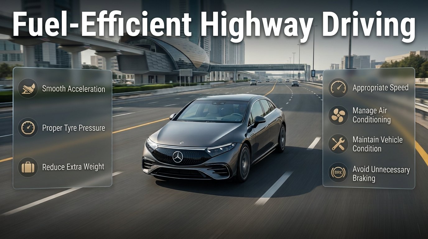 Fuel-efficient highway driving in Dubai showing a car using smart speed, smooth driving, tyre care and fuel-saving techniques. Fuel-Efficient Highway Driving in Dubai: Smart Fuel-Saving Tips