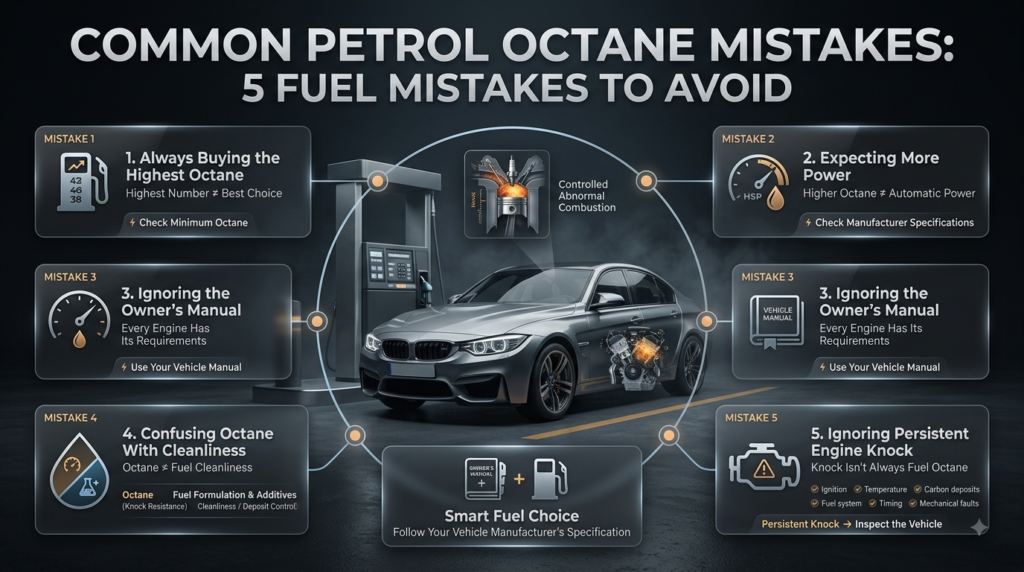 Common petrol octane mistakes include choosing the highest octane, expecting more power, ignoring the manual, and misreading engine knock.