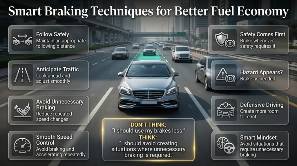 Smart braking techniques showing safe braking, proper following distance, smooth traffic control, and improved fuel economy.