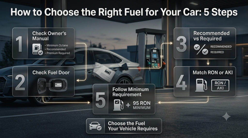 Five-step guide to choosing the right fuel using your owner’s manual, fuel door, octane requirement, and RON or AKI rating.