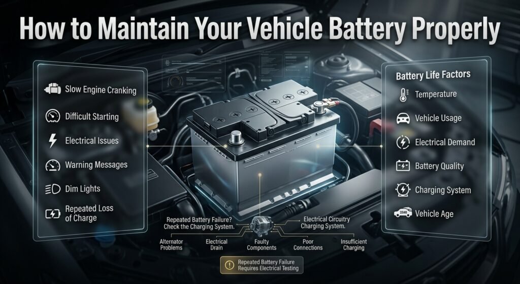 Vehicle battery maintenance guide showing battery health, starting problems, charging systems, electrical drain, and battery care factors.