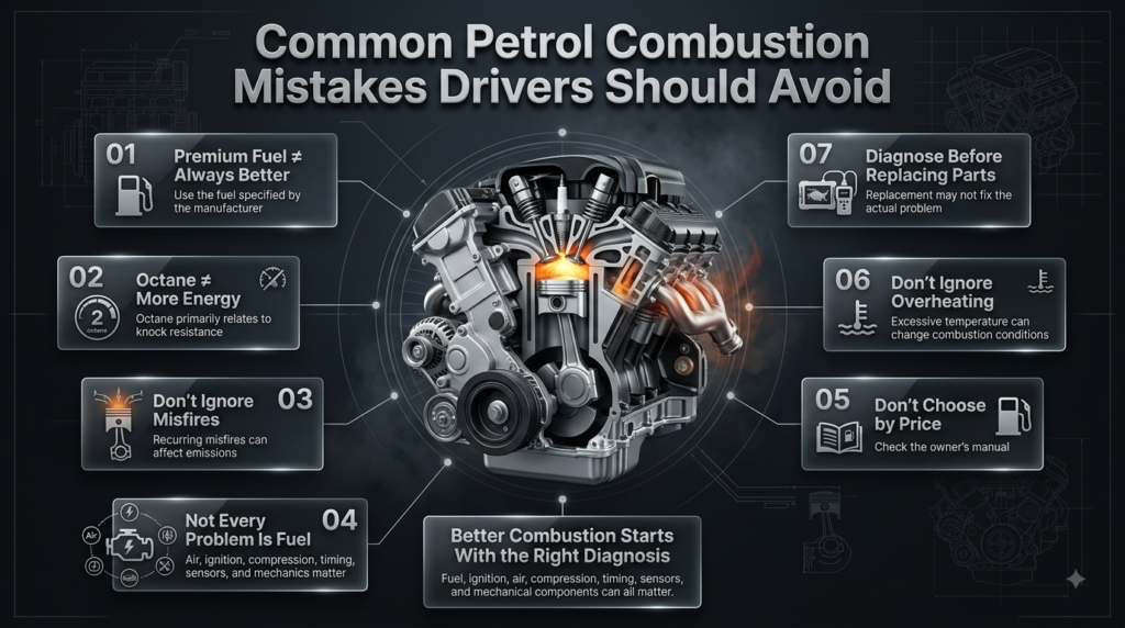 Petrol combustion mistakes infographic covering premium fuel, octane, misfires, overheating, fuel problems, and engine diagnosis.