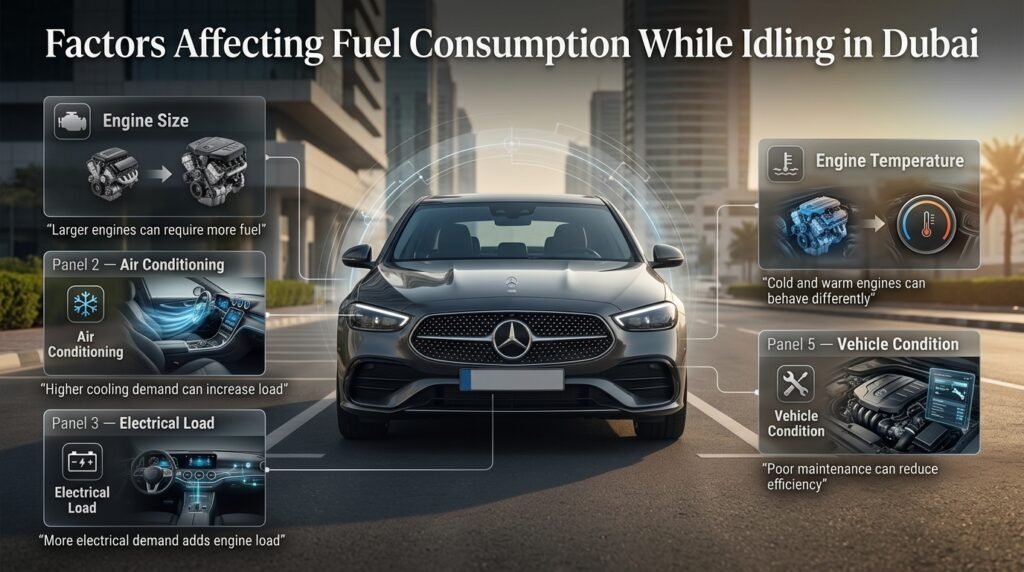 Car idling in Dubai showing engine size, AC, electrical load, temperature, and vehicle condition affecting fuel consumption.