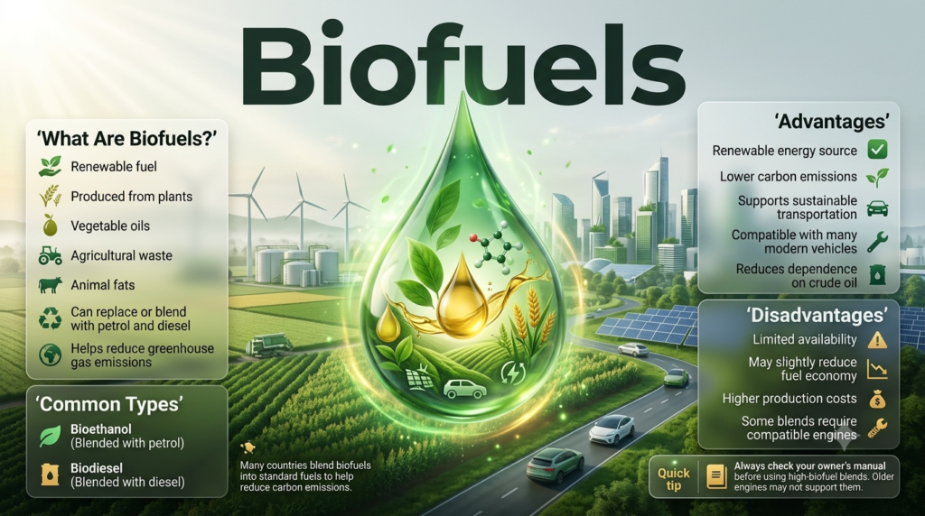 Biofuels infographic illustrating bioethanol, biodiesel, renewable fuel sources, sustainability benefits, advantages, disadvantages, and vehicle compatibility with eco-friendly automotive design.