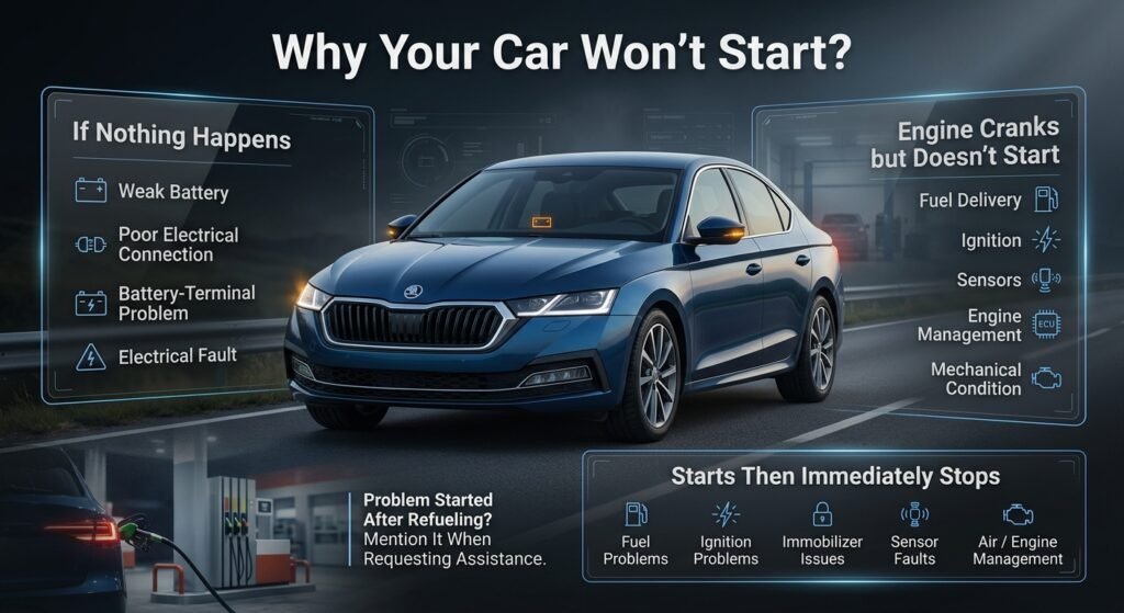 Car won’t start infographic showing battery, electrical, fuel, ignition, sensor, immobilizer, and engine-management problems.