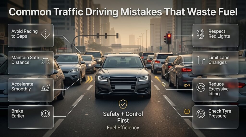 Common traffic driving mistakes that waste fuel include tailgating, hard acceleration, late braking, excessive idling, and low tyre pressure.
