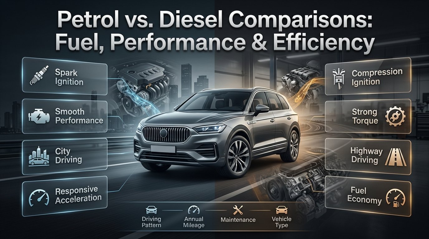 Petrol vs diesel comparison showing fuel efficiency, engine performance, torque, and combustion differences in modern vehicles. Petrol vs Diesel Comparisons: Fuel, Performance & Efficiency