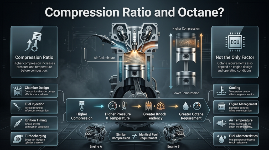 Compression ratio and octane explained with engine pressure, temperature, combustion, knock risk, and fuel requirements