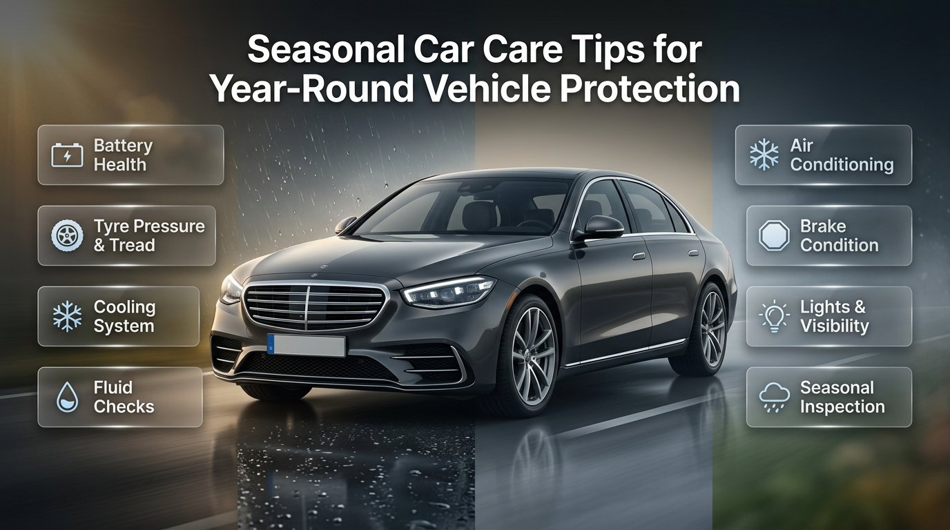 Seasonal car care tips showing a modern car with battery, tyres, cooling, AC and weather maintenance checks for every season. Seasonal Car Care Tips for Year-Round Vehicle Protection