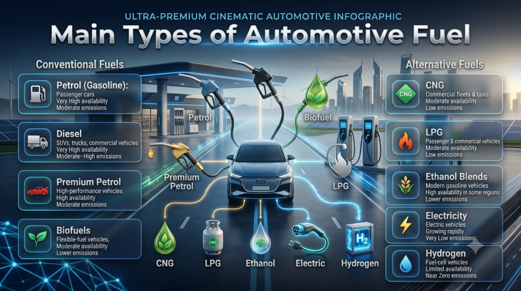 Automotive fuel types infographic comparing petrol, diesel, premium petrol, biofuels, CNG, LPG, ethanol blends, electricity, and hydrogen with vehicle icons and emissions levels.