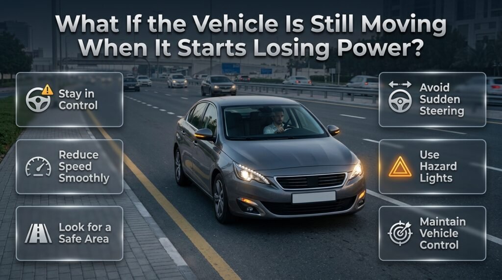 Vehicle losing power on a busy road, showing safe slowing, controlled steering, hazard lights, and moving toward a safe roadside position.
