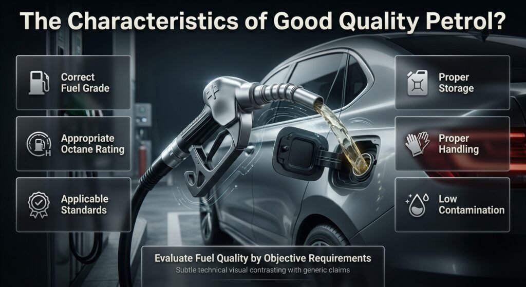 Good quality petrol infographic showing correct fuel grade, octane rating, standards, storage, handling, and contamination control.