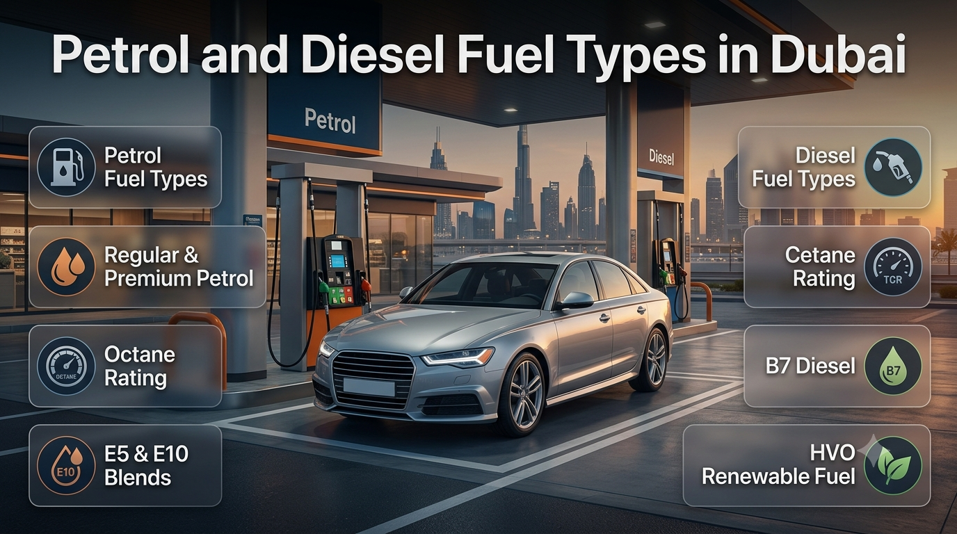 Petrol and diesel fuel types in Dubai with fuel grades, octane, cetane, E10, B7 and vehicle fuel selection Petrol and Diesel Fuel Types in Dubai: Complete Guide