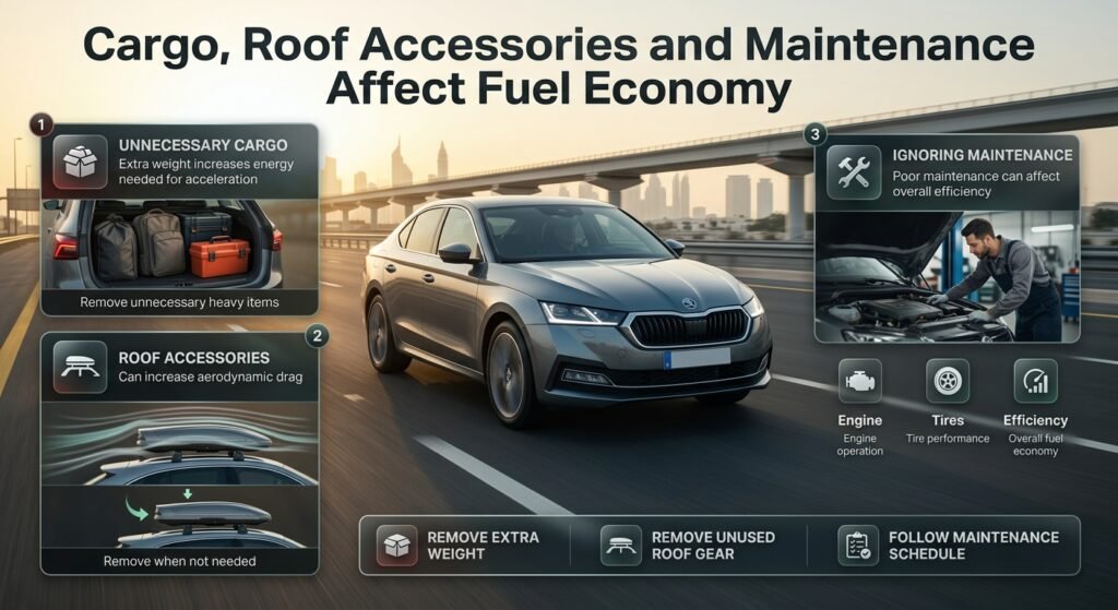 Car showing how unnecessary cargo, roof accessories, and poor maintenance can increase fuel use during highway driving