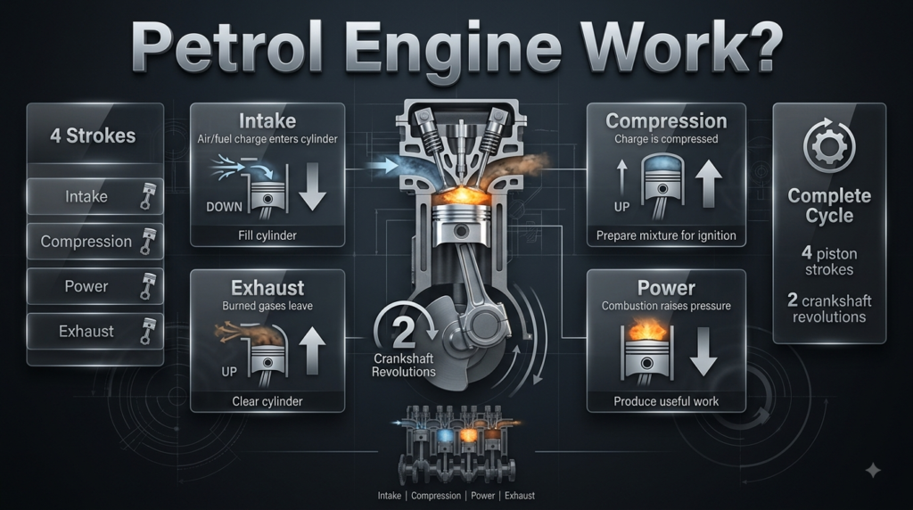 Petrol engine four-stroke cycle showing intake, compression, power, and exhaust strokes with piston movement and crankshaft rotation.