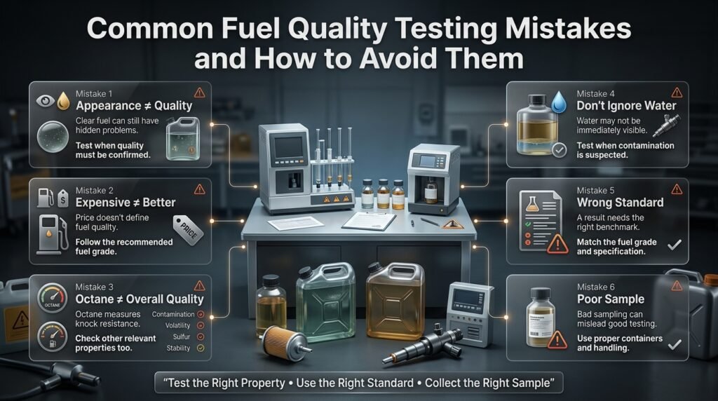 Common fuel quality testing mistakes including visual inspection, octane confusion, water contamination, wrong standards, and poor sampling.