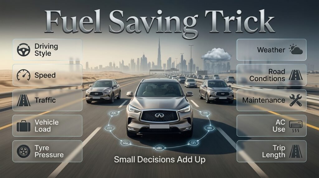 Fuel saving infographic showing driving style, speed, traffic, tyres, vehicle load, AC use, weather, and maintenance factors.