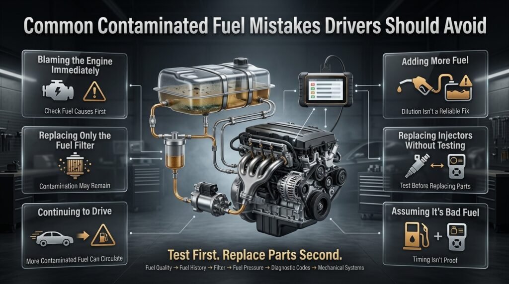 Common contaminated fuel mistakes including blaming the engine, replacing filters, driving, dilution, injector replacement, and misdiagnosis