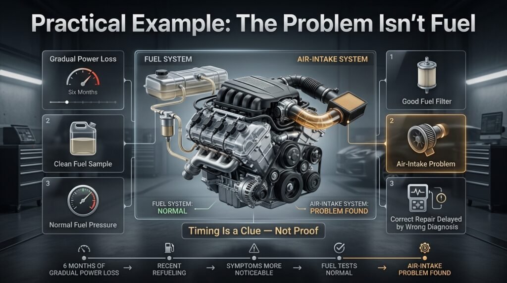 Practical example showing gradual power loss caused by an air-intake problem rather than contaminated fuel after refueling