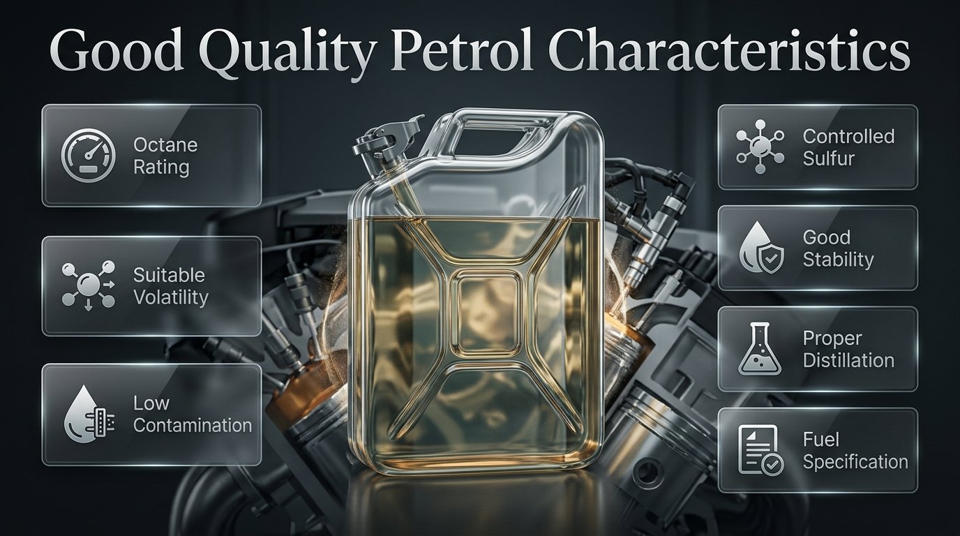 Good quality petrol characteristics infographic showing octane, volatility, cleanliness, stability, and fuel quality standards Good Quality Petrol Characteristics: Fuel Quality Guide