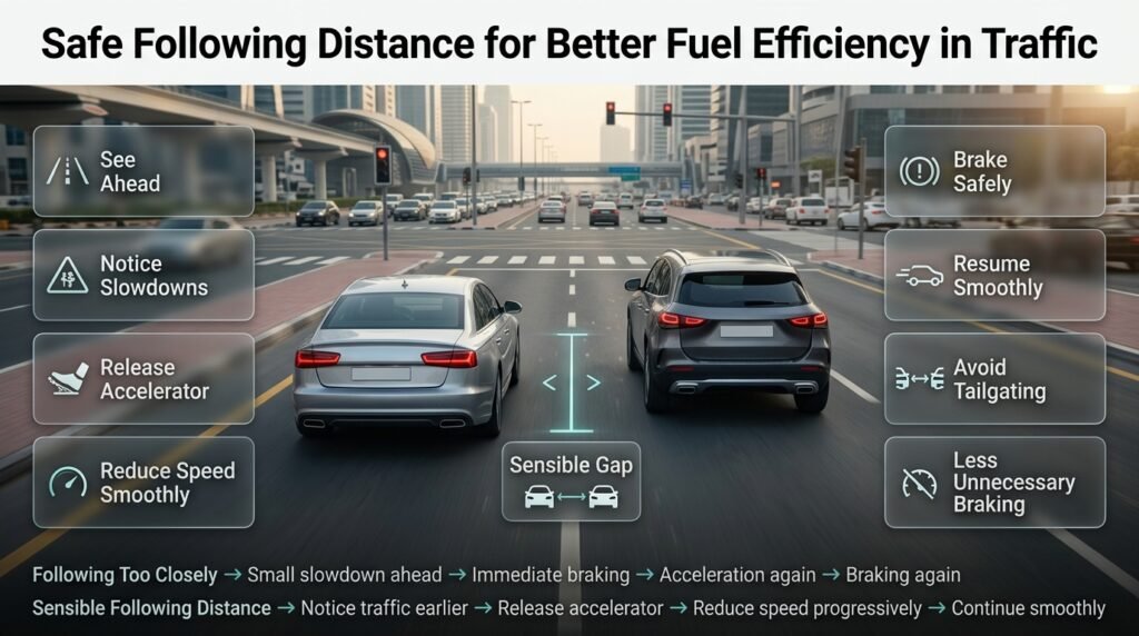 Safe following distance in traffic helps reduce unnecessary braking, smooth speed changes, and improve fuel efficiency during urban driving.