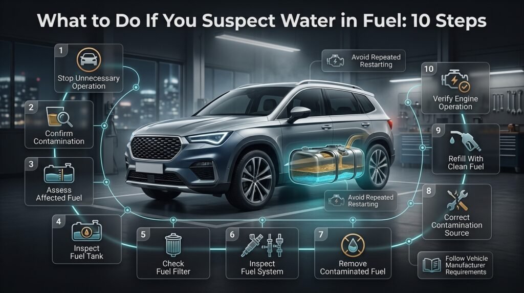 10-step guide showing what to do when water is suspected in fuel, from stopping operation and testing fuel to cleaning and verification.