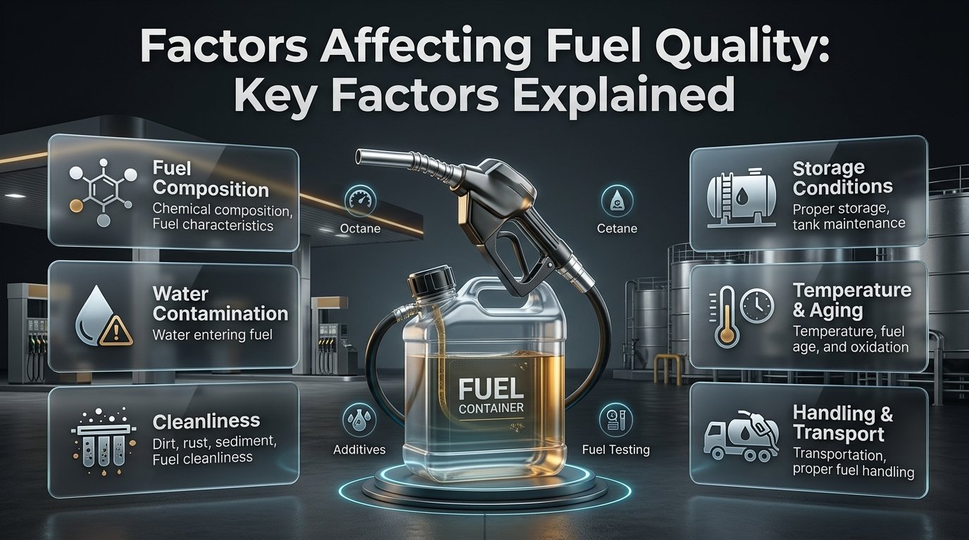 Infographic showing factors affecting fuel quality including contamination, storage, temperature, octane, and fuel handling. Factors Affecting Fuel Quality: Key Factors Explained