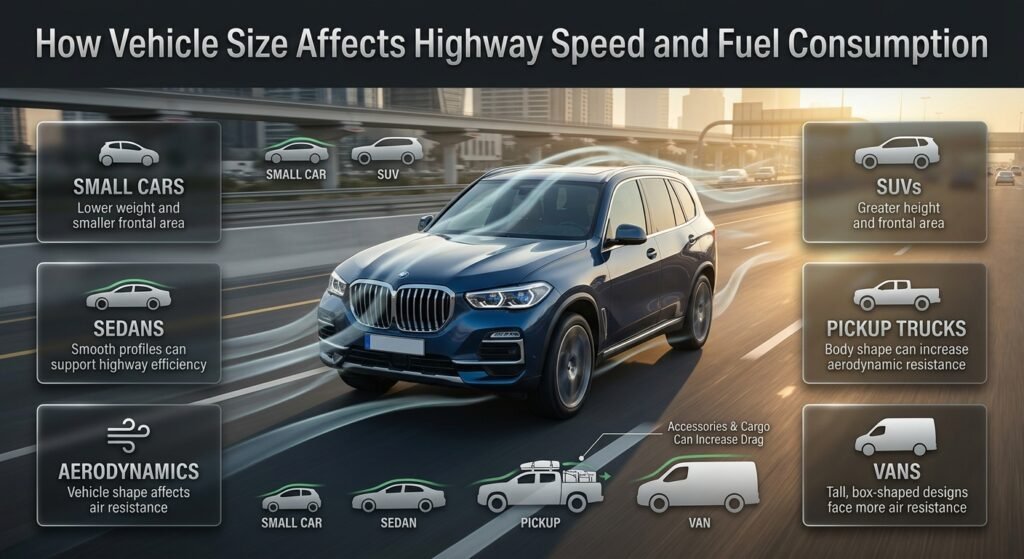 Small cars, sedans, SUVs, pickup trucks and vans showing how vehicle size and shape affect highway aerodynamic drag