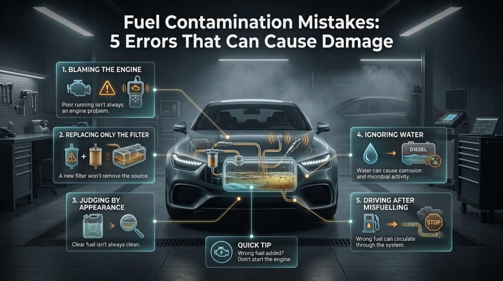 Five common fuel contamination mistakes including ignoring symptoms, changing filters, judging fuel visually, and misfuelling