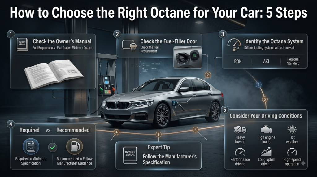 How to choose the right octane for your car using the owner's manual, fuel-filler door, octane system, and driving conditions.