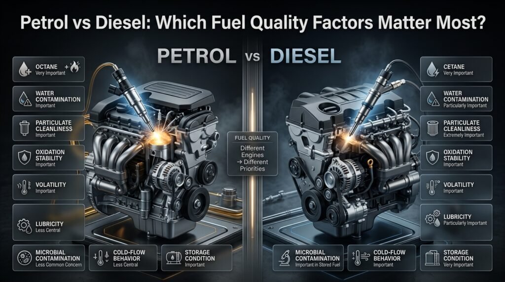 Petrol versus diesel fuel quality infographic comparing octane, cetane, water, cleanliness, storage, volatility, and lubricity.