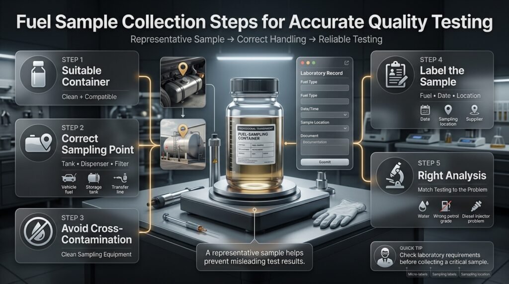 Fuel sample collection for quality testing showing proper containers, sampling points, labeling, contamination control, and laboratory analysis.