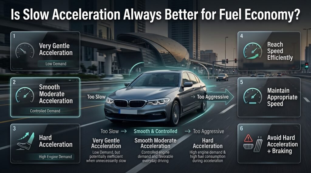 Slow acceleration compared with smooth driving, showing engine demand, fuel economy, and efficient acceleration techniques